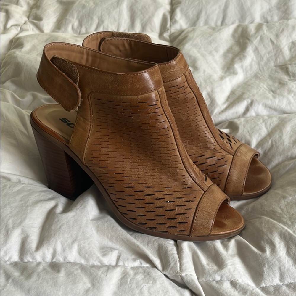 Soda Brown Chunky Heel Peep-Toe Booties